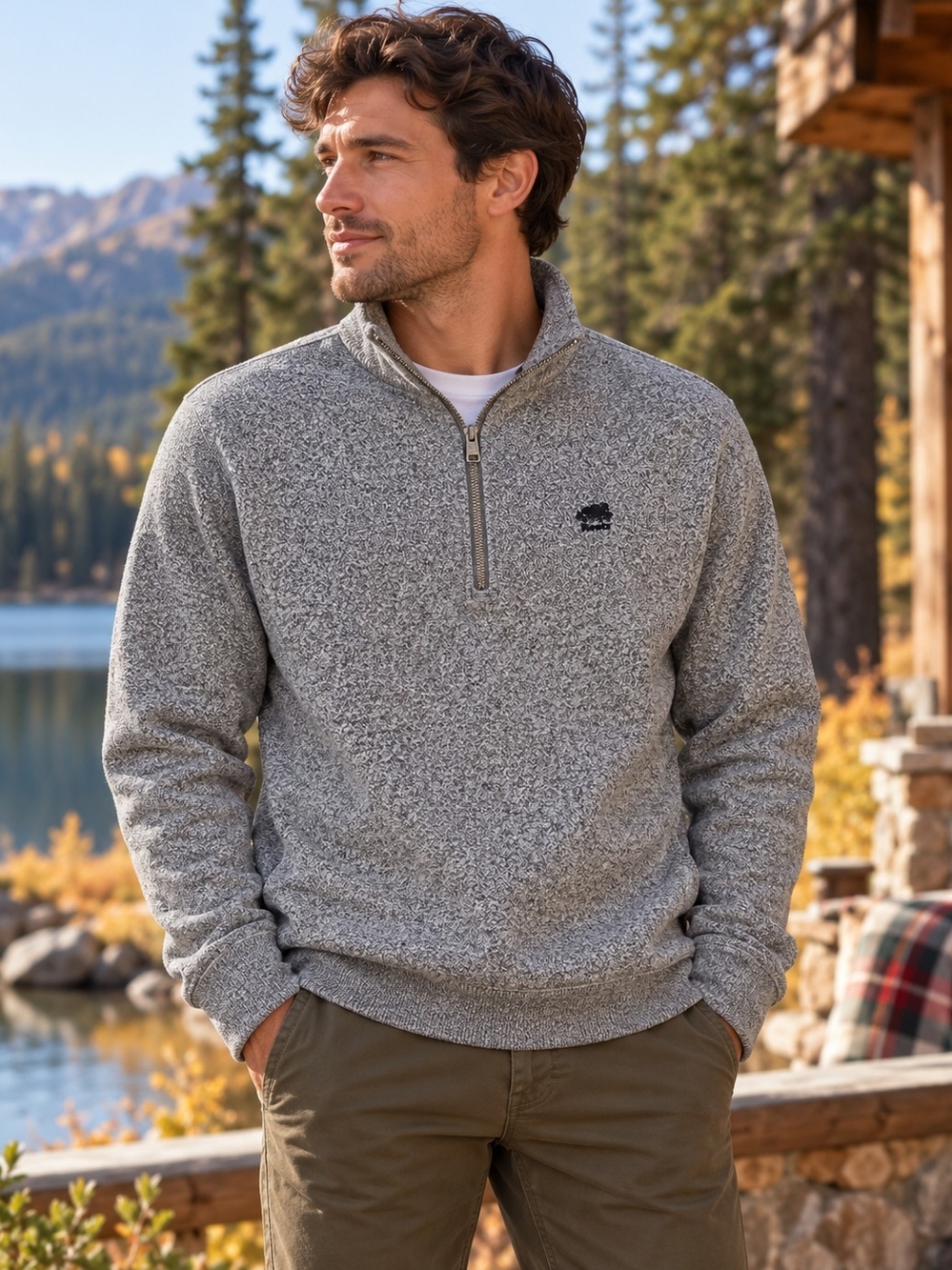 Roots Salt & Pepper Quarter Zip L Preppy Gorpcore Outdoors Cabin Cozy Fall